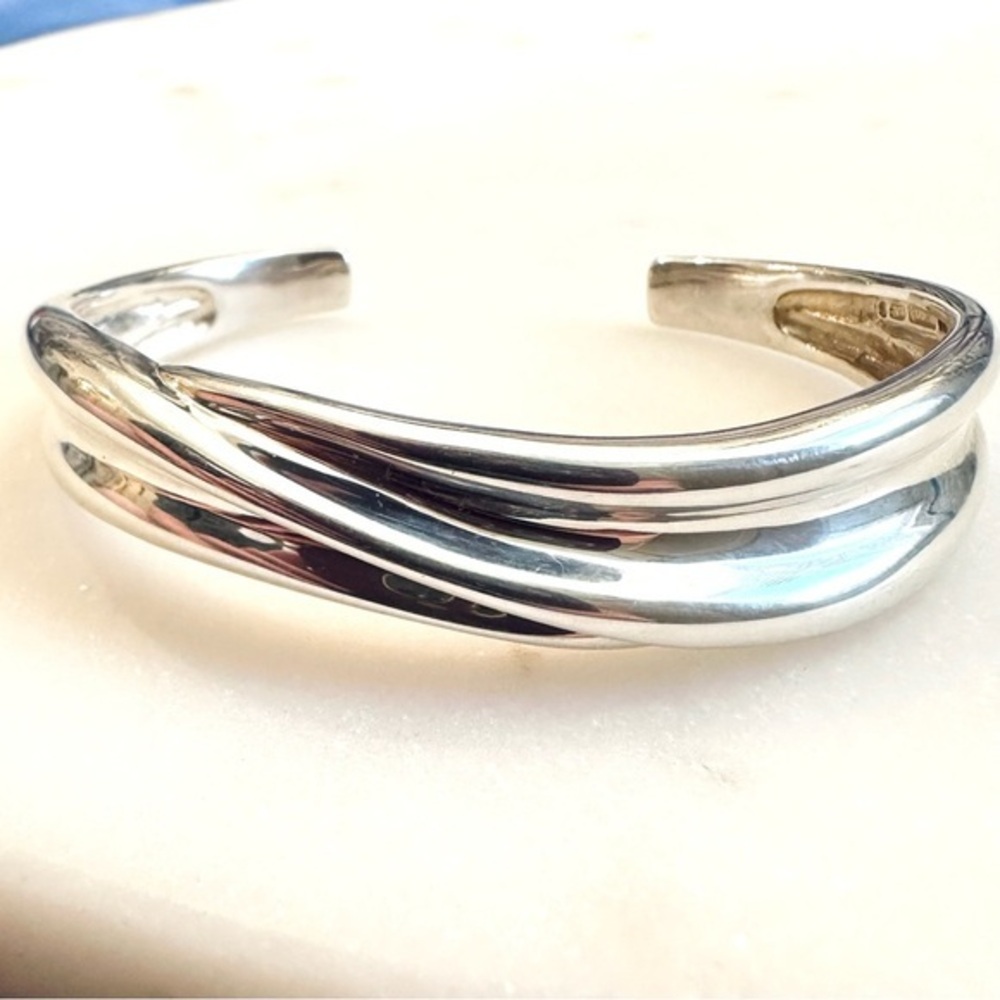 Solid Sterling Silver Abstract Sculptural Fold-Form Wave Polished Cuff Bracelet